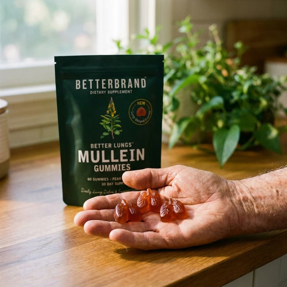 BetterLungs Mullein Gummies, pear-flavored, lung-shaped